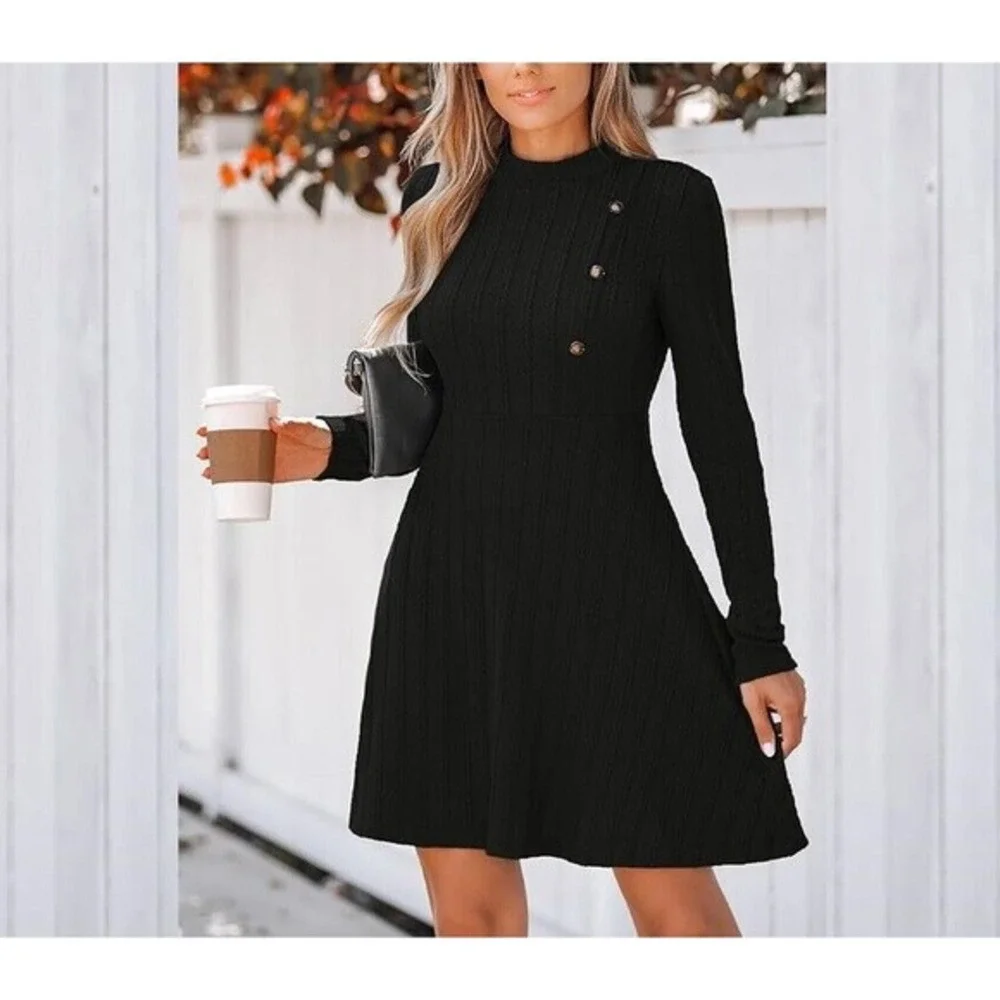 CUPSHE Women's Mini Dress Round Neck Long Sleeve Textured Button Design Knitted